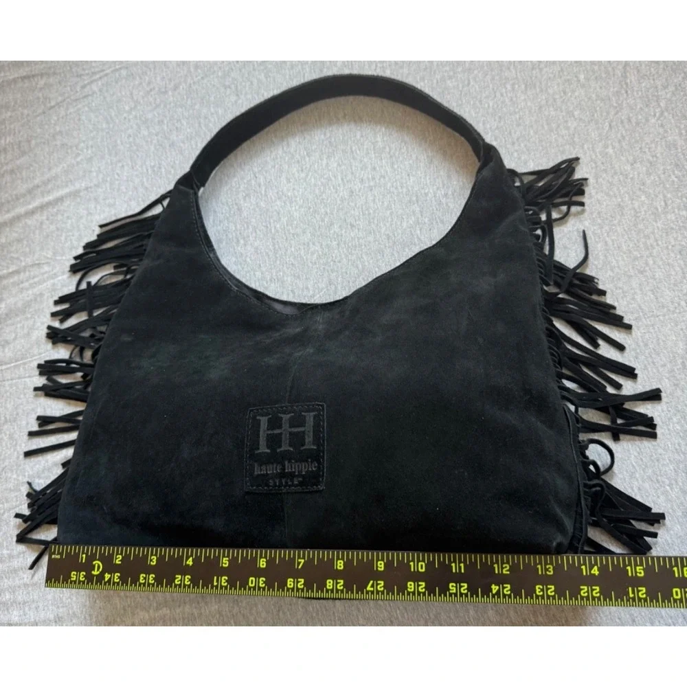 Haute Hippie Style Fringe Suede Hobo Bag Black